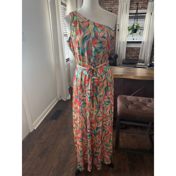 Nicole Miller One Shoulder Dress‎ Charmeuse Tropical Tie Belt Miami Resort Sz 8 - Picture 1 of 6